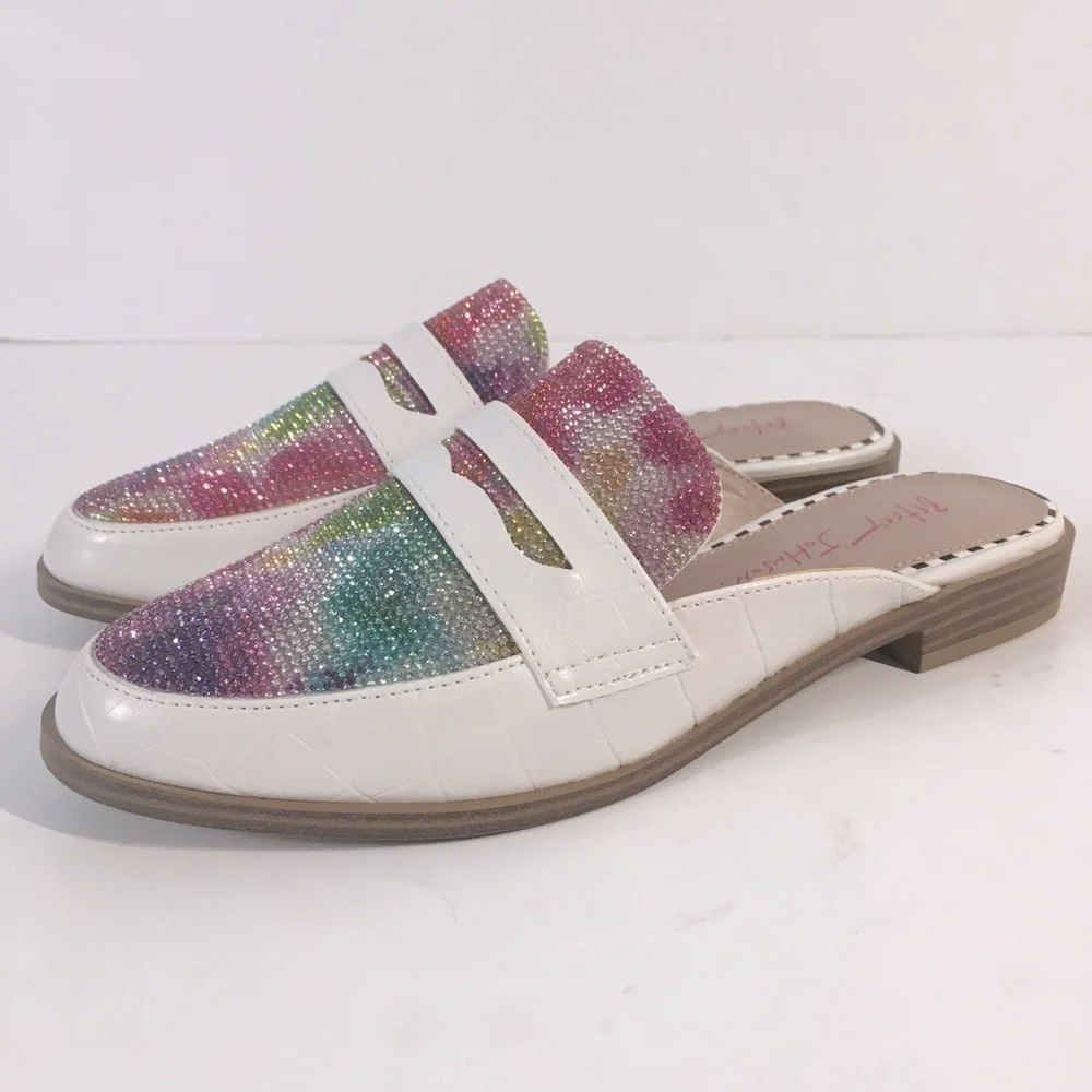 NEW Betsy Johnson Rainbow Rhinestone white loafer mule